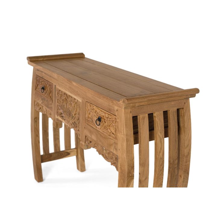 GINER Y COLOMER Console en bois de teca massif 100 cm avec 2 tiroirs à motifs floraux - Style balinéis - Structure pattes courbées - Meuble d'entrée décoratif 3 GINER Y COLOMER Console en bois de teca massif 100 cm avec 2 tiroirs à motifs floraux - Style balinéis - Structure pattes courbées - Meuble d'entrée décoratif 3