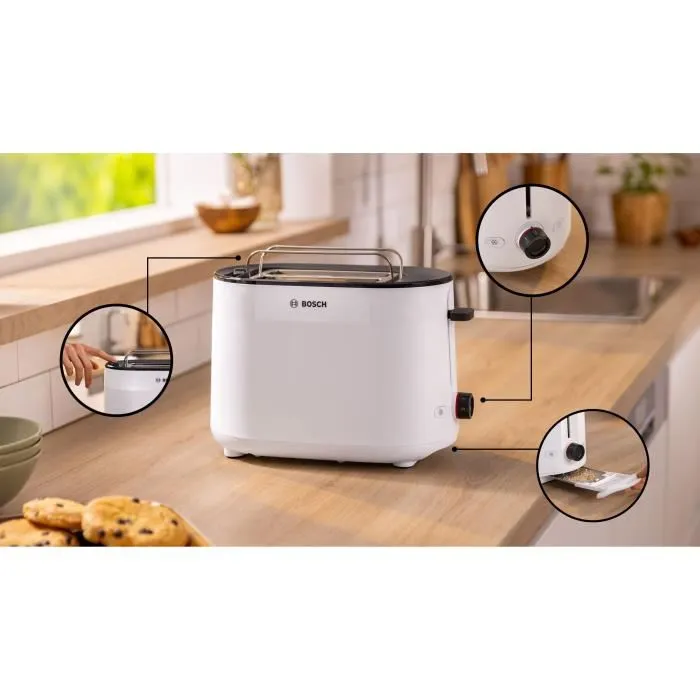 Bosch TAT2M121 MyMoment Toaster Blanc 2 Tranches - Fonctions Décongélation et Réchauffage, Centrage Automatique du Pain, Chauffe-Viennoiserie Intégré Bosch TAT2M121 MyMoment Toaster Blanc 2 Tranches - Fonctions Décongélation et Réchauffage, Centrage Automatique du Pain, Chauffe-Viennoiserie Intégré