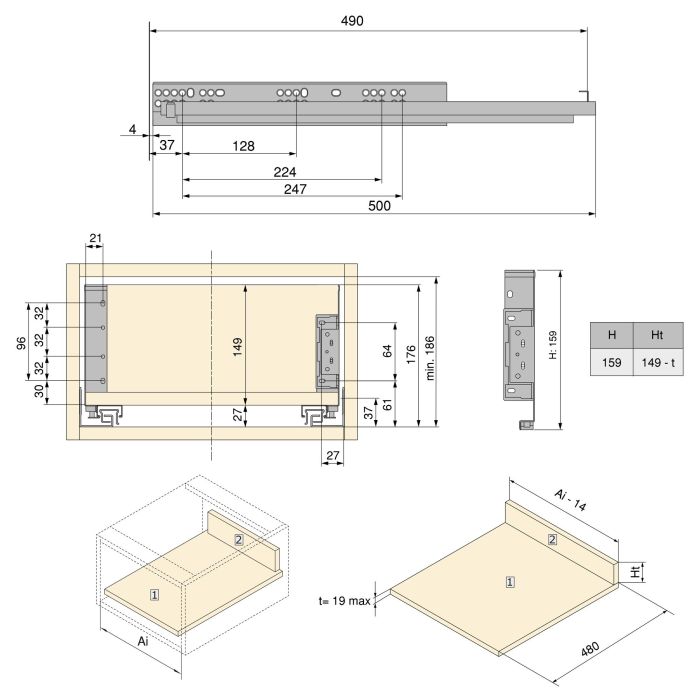 Emuca Tiroir extérieur Simplex 25kg hauteur 159mm, profondeur 490mm, acier, peint en blanc 3
