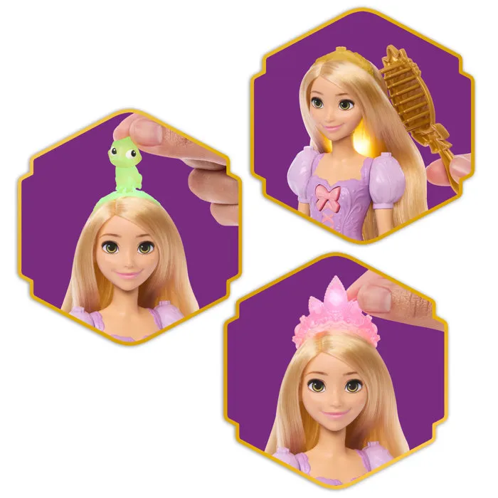 Disney Princesses Raiponce JHL46 - Poupée aux cheveux magiques lumineux avec diadème, Pascal et 7 accessoires