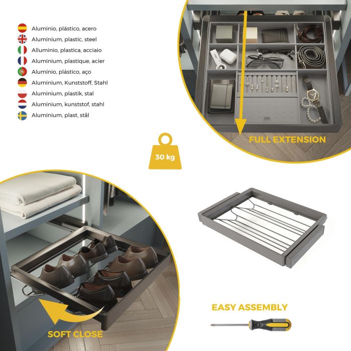 Emuca Kit tiroir à chaussures et rack ajustable Quartz pour armoires, glissières extension totale et à fermeture douce, Module 70cm, Finition Titane 6