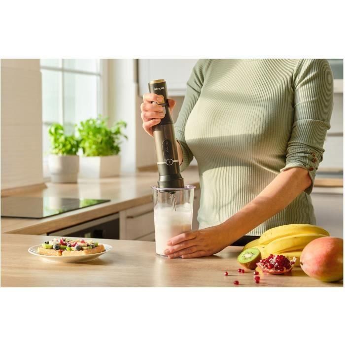 Sencor SHB 6442BK Mixeur plongeant 6 en 1, 1200 W, technologie Titanium QuadBlade, noir - Inclut gobelet, écraser-pommes, fouet, hachoir et mousseur à lait
