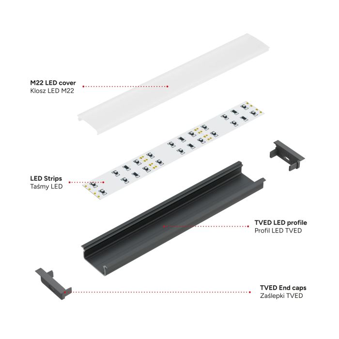 KIMERA Profil Aluminium "TVED" Anodisé Noir avec Diffuseur Opal, Bouchons et Clips de Fixation 2.02m 1