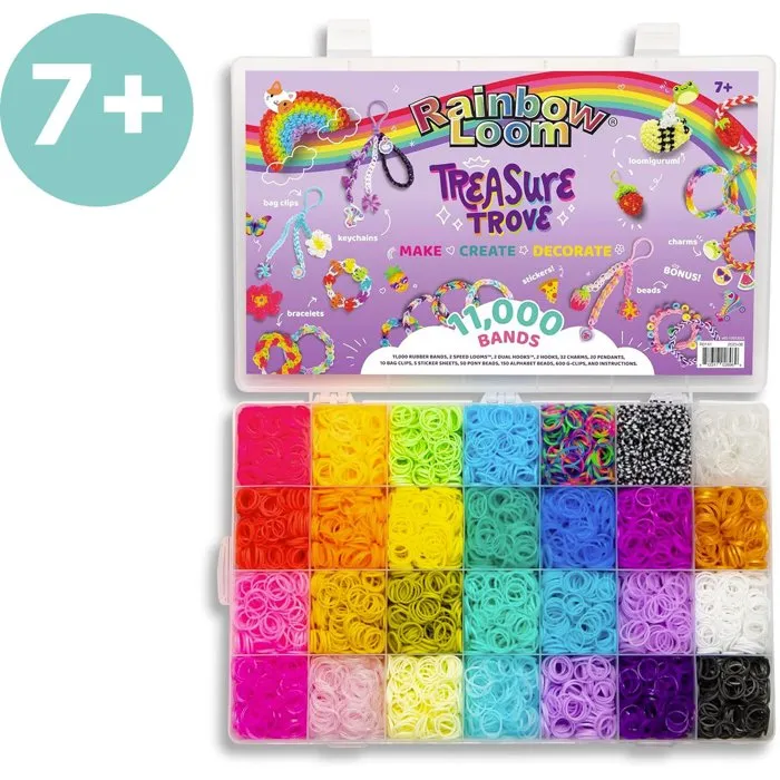 Rainbow Loom Treasure Trove - Kit créatif pour bracelets élastiques DIY - Coffret avec 11 000 élastiques (28 couleurs), fermoirs et accessoires - Idée cadeau enfant dès 7 ans Rainbow Loom Treasure Trove - Kit créatif pour bracelets élastiques DIY - Coffret avec 11 000 élastiques (28 couleurs), fermoirs et accessoires - Idée cadeau enfant dès 7 ans