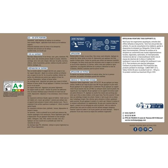 Ripolin Peinture Multi-Supports - 2 L - Beige Moka RAL 1019 - Mat - Pour Bois, Métal, Béton - Résistante aux Intempéries