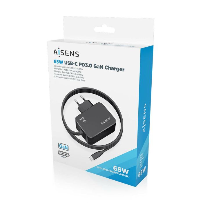 Chargeur mural Aisens ASCH-1PD65WL033-BK Noir 65 W (1 Unité) 1 Chargeur mural Aisens ASCH-1PD65WL033-BK Noir 65 W (1 Unité) 1