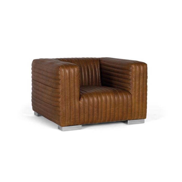 GINER Y COLOMER - Fauteuil en cuir moderne, structure cubique avec pattes en acier inoxidable, dimensions 103x98x67 cm, couleur marron 1