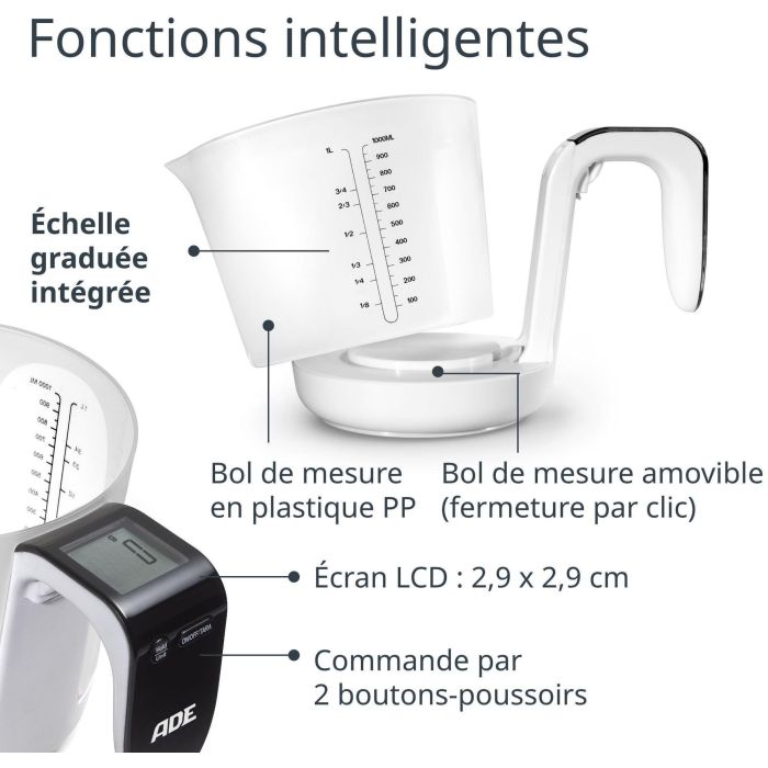 Pichet Gradué/balance - ADE - FRANCA - Verre/Synthétique - 20,7 x 14,6 cm - Inclus 1 pile Cr2032 3