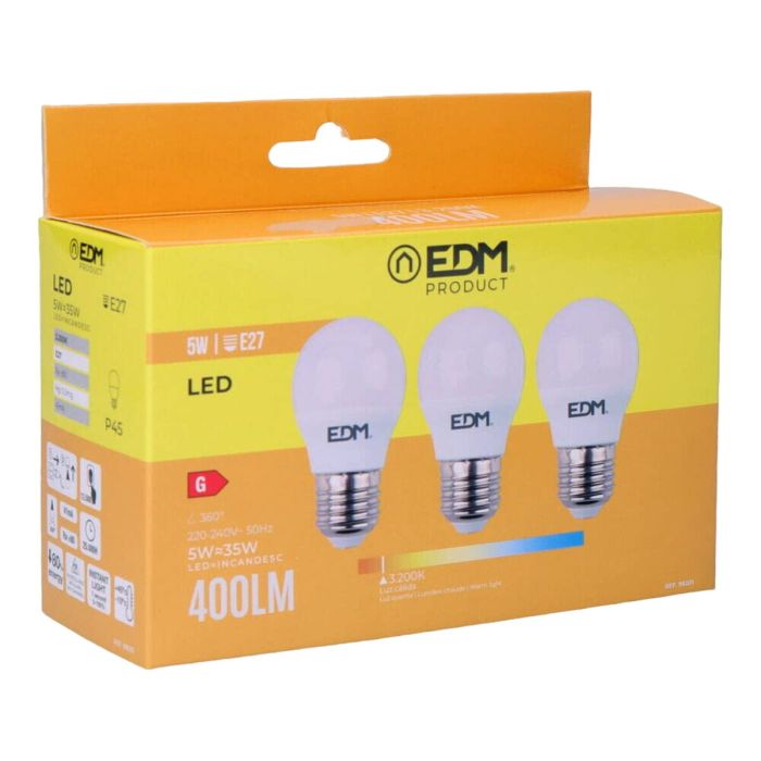 Pack de 3 ampoules LED EDM 98201 G 35 W 5 W 50 W E27 3200 Lm Ø 4,5 x 8 cm (3200 K) 0 Pack de 3 ampoules LED EDM 98201 G 35 W 5 W 50 W E27 3200 Lm Ø 4,5 x 8 cm (3200 K) 0