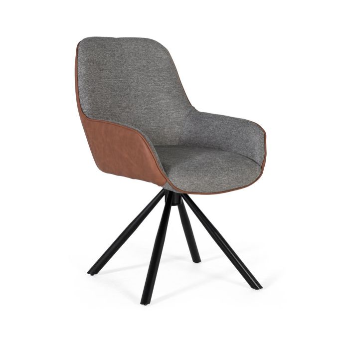 GINER Y COLOMER Lot de 2 Chaises de Bureau Giratoires avec Accoudoirs - Siège Rembourré en Tissu Gris et Simili Cuir Brun - Structure en Acier Tubulaire Noir 1