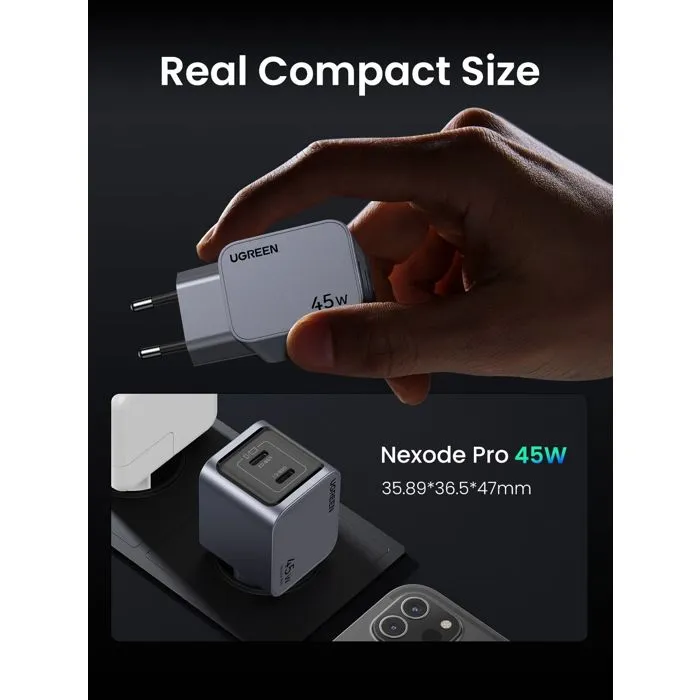 Ugreen Chargeur Secteur 45W, GaN 2 Ports USB-C, Gris, Recharge Rapide PD, Compatible Smartphone, Tablette, Ordinateur Portable, Design Compact et Sécurisé