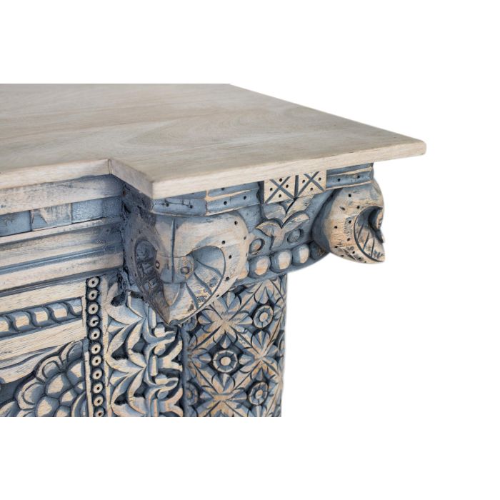 GINER Y COLOMER Console d'entrée en bois de manguier avec colonnes et panneau frontal sculptés à la main, finition blanc lavé et bleu 3
