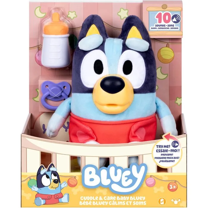 Bluey - Peluche interactive Bébé Bluey 28 cm - Sons, Biberon et Tétine - Jouet éducatif dès 3 ans