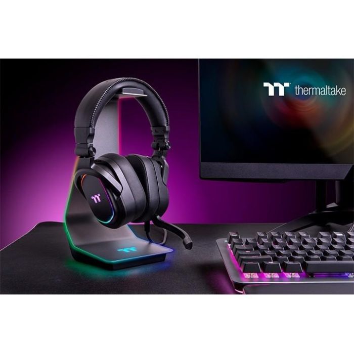 Thermaltake ARGENT HS1 RGB Support pour casque gaming, 2 ports USB, éclairage RGB, en aluminium, couleur noir et gris