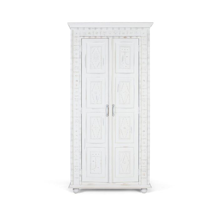 GINER Y COLOMER - Armoire 2 portes en bois de mango, finition blanc décapé patiné avec détails métalliques dorés et 3 étagères intérieures 0 GINER Y COLOMER - Armoire 2 portes en bois de mango, finition blanc décapé patiné avec détails métalliques dorés et 3 étagères intérieures 0