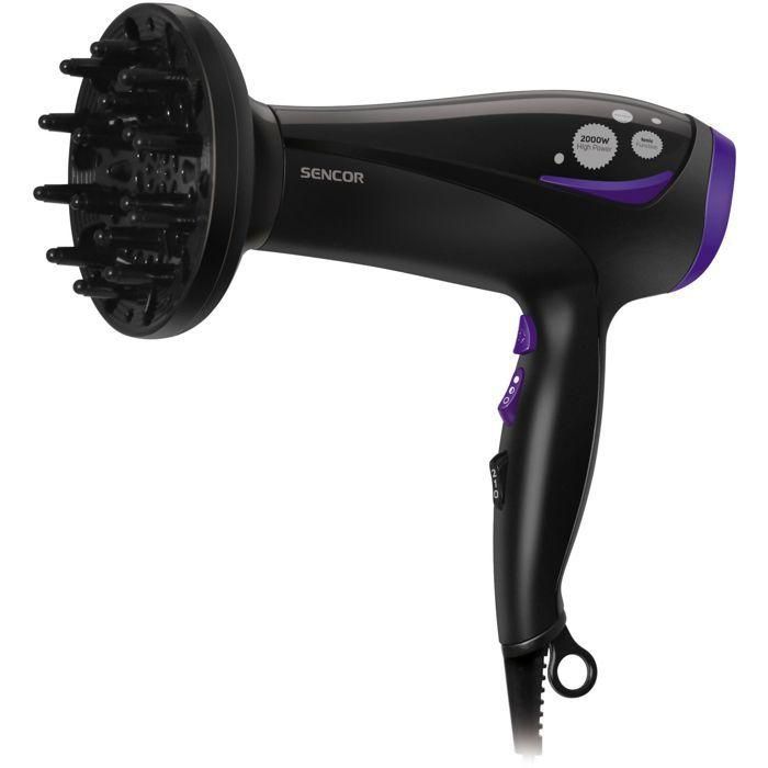 Sencor SHD 108VT Sèche-cheveux ionique 2000 W - Noir - 2 vitesses, 3 niveaux de température, air froid - Inclus diffuseur et buse