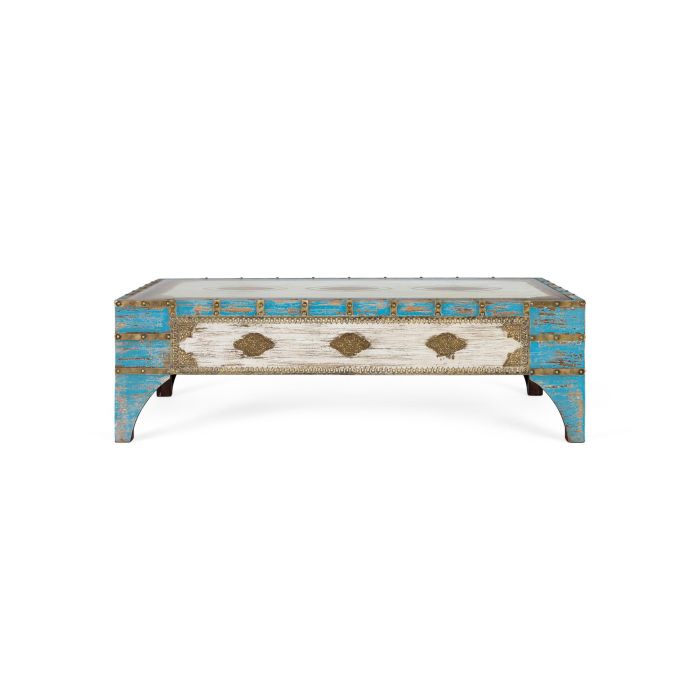 GINER Y COLOMER Table basse en bois de manguier vieilli bleu et blanc, dessus en verre transparent, design rustique artisanal, 150 x 90 x 46 cm 0 GINER Y COLOMER Table basse en bois de manguier vieilli bleu et blanc, dessus en verre transparent, design rustique artisanal, 150 x 90 x 46 cm 0