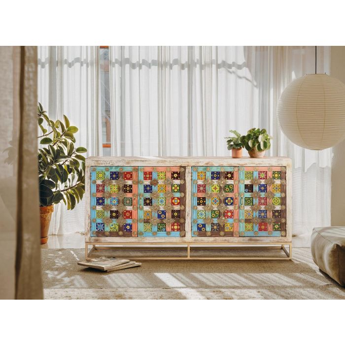 GINER Y COLOMER Buffet 4 portes en bois de manguier et métal, finition blanc vieilli avec incrustations de bronze, 90 cm de large x 40 cm de profondeur 6