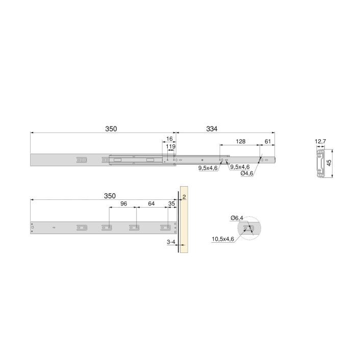 Emuca Lot de 5 jeux de coulisses pour tiroirs, roulement à billes, hauteur 45mm, profondeur 350mm, à sortie totale, avec push, fermeture amortie, zingué 4