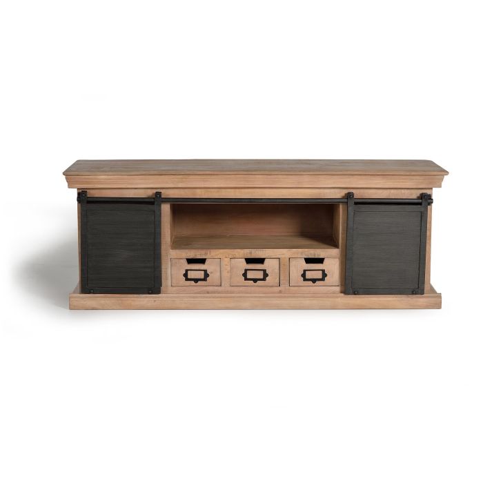 GINER Y COLOMER Buffet TV en bois de manguier massif avec pattes métal gris et rangement central - 2 portes, 3 tiroirs - Dimensions : 150x55x40 cm 0 GINER Y COLOMER Buffet TV en bois de manguier massif avec pattes métal gris et rangement central - 2 portes, 3 tiroirs - Dimensions : 150x55x40 cm 0