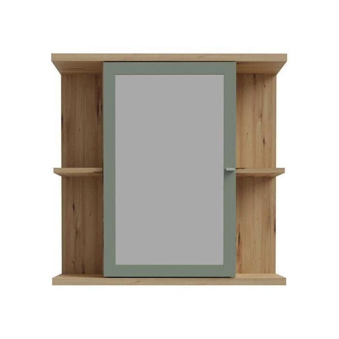 Armoire de toilette - Décor chene et vert sauge - Porte- Miroir - Etageres - L69,9 x P23,2 x H68,8 cm 2 Armoire de toilette - Décor chene et vert sauge - Porte- Miroir - Etageres - L69,9 x P23,2 x H68,8 cm 2