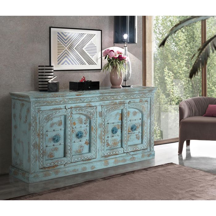 GINER Y COLOMER - Buffet 4 portes en bois de manguier vert d'eau vieilli, sculpté à la main, avec détails métal, 190x100x45 cm 7 GINER Y COLOMER - Buffet 4 portes en bois de manguier vert d'eau vieilli, sculpté à la main, avec détails métal, 190x100x45 cm 7