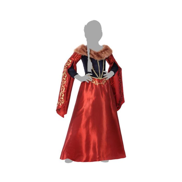 Déguisement Reine Médiévale pour Fille 7-9 Ans, Robe Rouge avec Détails Bleus et Dorés, Costume Enfant de Cour, Polyester