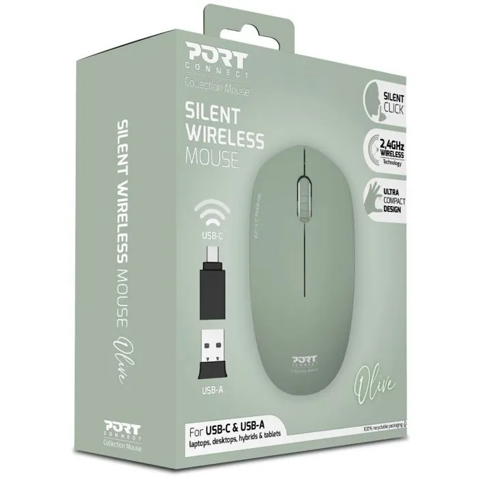 Port Designs Souris Sans Fil 900543 Collection II, Olive Vert, Technologie Wireless 2.4 GHz, Design Ultra Compact et Silencieux
