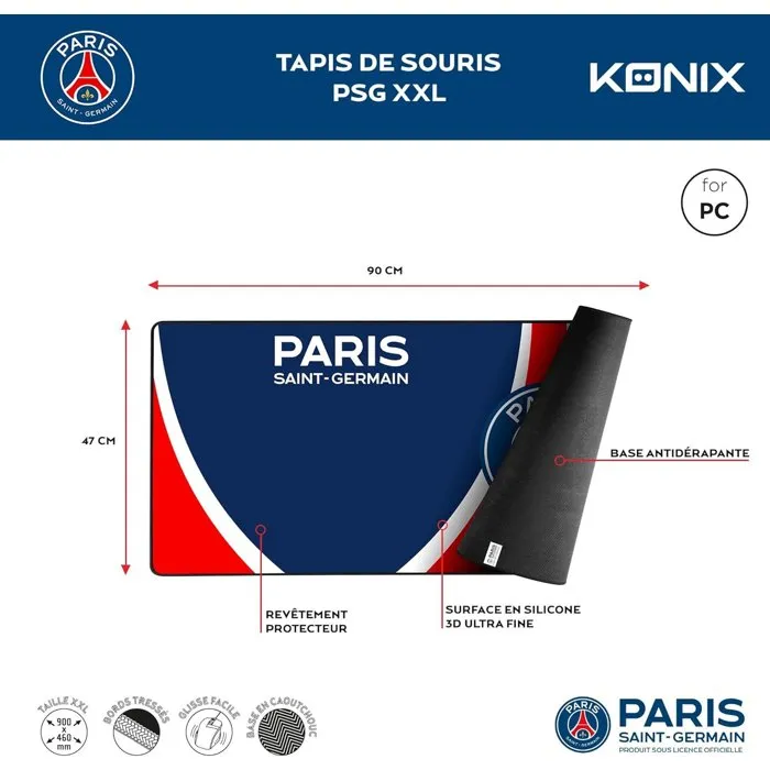 Konix PSG Tapis de Souris Gaming XXL 90 x 46 cm, Surface Silicone 3D Ultra Fine, Base Antidérapante en Caoutchouc, Bleu