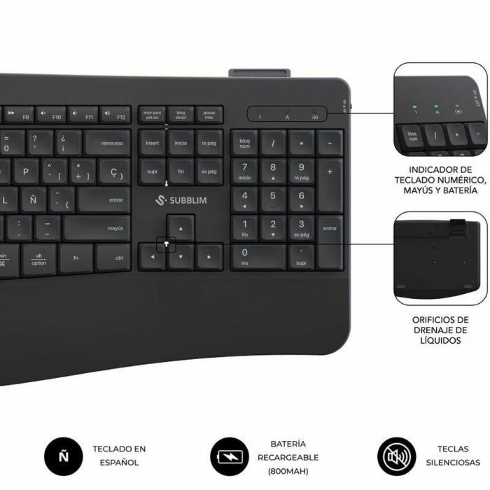 clavier et souris Subblim OFFICE PROWAVE Noir Espagnol Qwerty QWERTY 9