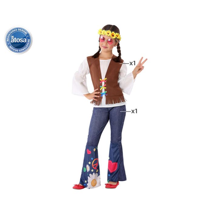 Déguisement Hippie pour Fille, 2 Pièces - Blouse Blanche à Col Cinturé et Pantalon à Fleurs - Costume Années 60 - Taille 10-12 Ans