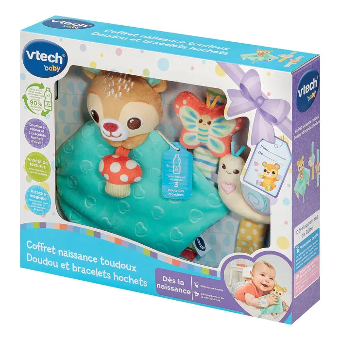 Vtech Baby Coffret Naissance Toudoux - Doudou et Bracelets Hochets en Plastique Recyclé - Jouet Sensoriel 0 Mois - Multicolore