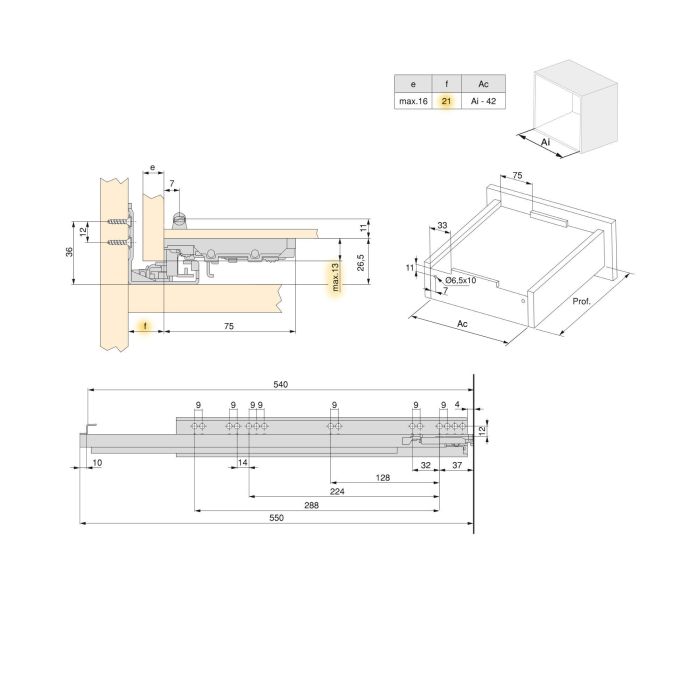 Emuca Jeu de coulisses invisibles pour tiroir Silver, à sortie totale, avec fermeture amortie et loqueteau, profondeur 540mm, Acier, Zingué 7