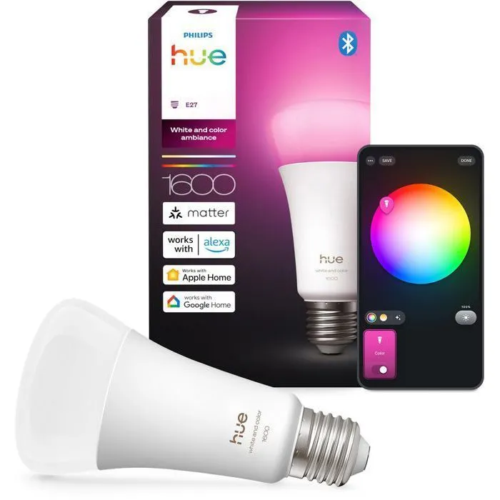 Philips Hue - Ampoule LED connectée intelligente A67, E27, 11.8W, 1600 lumens, lumière blanche chaude (1000-2000K) avec gradation Philips Hue - Ampoule LED connectée intelligente A67, E27, 11.8W, 1600 lumens, lumière blanche chaude (1000-2000K) avec gradation