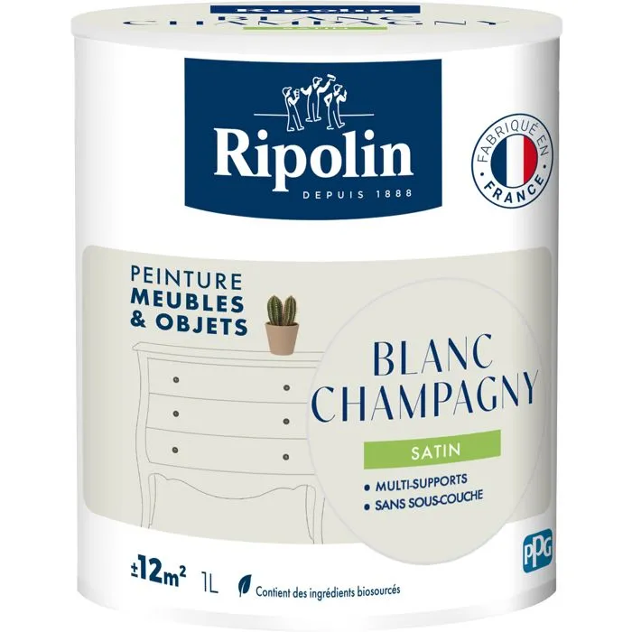 Ripolin - Peinture Meubles & Objets Blanc Champagny Satinée 1L, pour Bois, Mélaminé, Stratifié, Intérieur/Extérieur Ripolin - Peinture Meubles & Objets Blanc Champagny Satinée 1L, pour Bois, Mélaminé, Stratifié, Intérieur/Extérieur