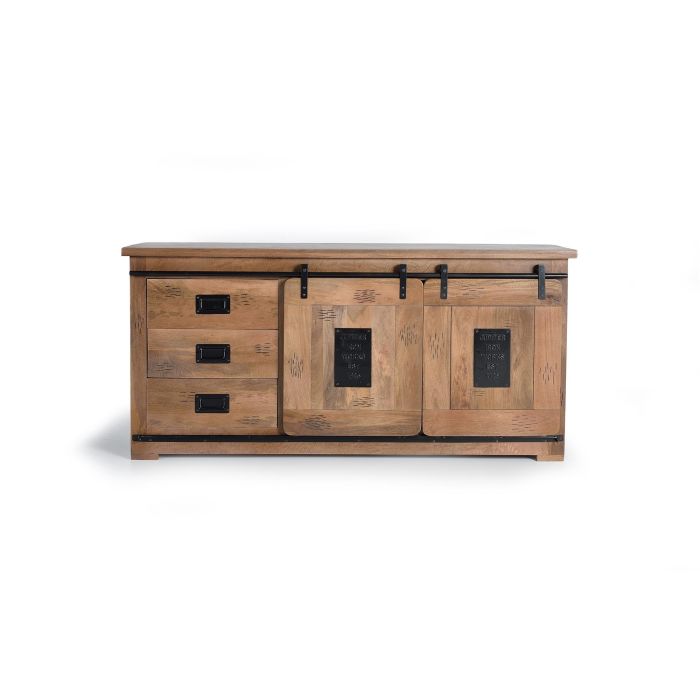 GINER Y COLOMER Buffet de style industriel en bois massif d'acacia et métal, 2 portes coulissantes, 2 tiroirs, couleur naturel, 80 x 165 x 45 cm 2