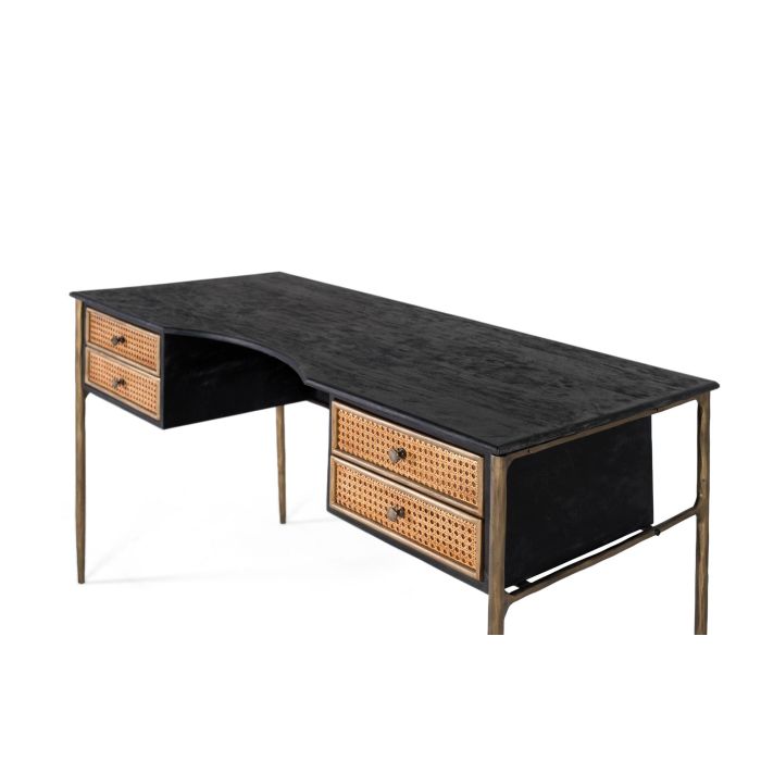 GINER Y COLOMER Bureau en bois de manguier noir avec pieds en fer bronze et 4 tiroirs à claire-voie - Plateau 38x10cm, Hauteur totale 51cm 2
