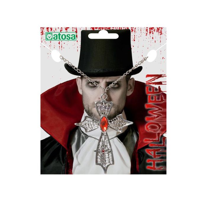 Collier avec croix en argent et pierre rouge pour costume de vampire ou personnage gothique - Collier gothique pour Halloween, pièces de théâtre et événements médiévaux