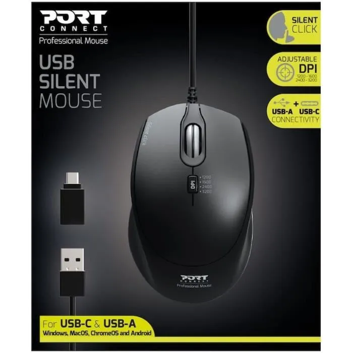 Port Designs Mouse Office Pro Silent Wired - Souris filaire optique silencieuse avec molette de défilement - Compatible USB et USB-C - Noir Port Designs Mouse Office Pro Silent Wired - Souris filaire optique silencieuse avec molette de défilement - Compatible USB et USB-C - Noir