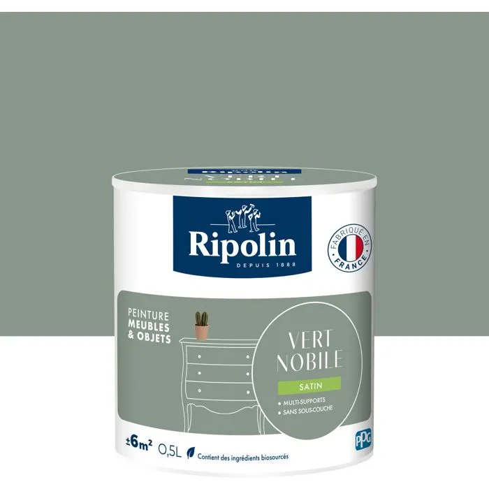 Ripolin - Peinture pour meubles et objets, Vert Nobile, finition satinée, pour bois, mélaminé, stratifié et métal, sans sous-couche, intérieur et extérieur, 0.5L
