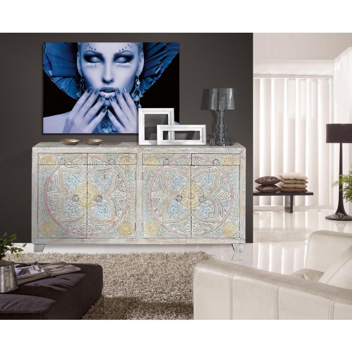 GINER Y COLOMER Buffet en bois de mangue massif avec sculptures sol - 4 portes et 4 tiroirs, finition couleurs pastel, 92 x 180 x 40 cm 1 GINER Y COLOMER Buffet en bois de mangue massif avec sculptures sol - 4 portes et 4 tiroirs, finition couleurs pastel, 92 x 180 x 40 cm 1