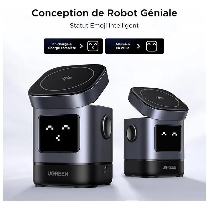 Ugreen Robot Qi2 Station de charge sans fil 2 en 1 Noir - Recharge rapide pour iPhone MagSafe et autre appareil, support intégré