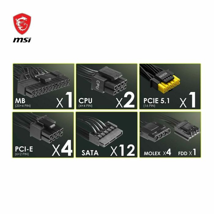 Bloc d’Alimentation MSI 306-7ZP9A11-CE0 1200 W ATX 80 Plus Gold 5 Bloc d’Alimentation MSI 306-7ZP9A11-CE0 1200 W ATX 80 Plus Gold 5