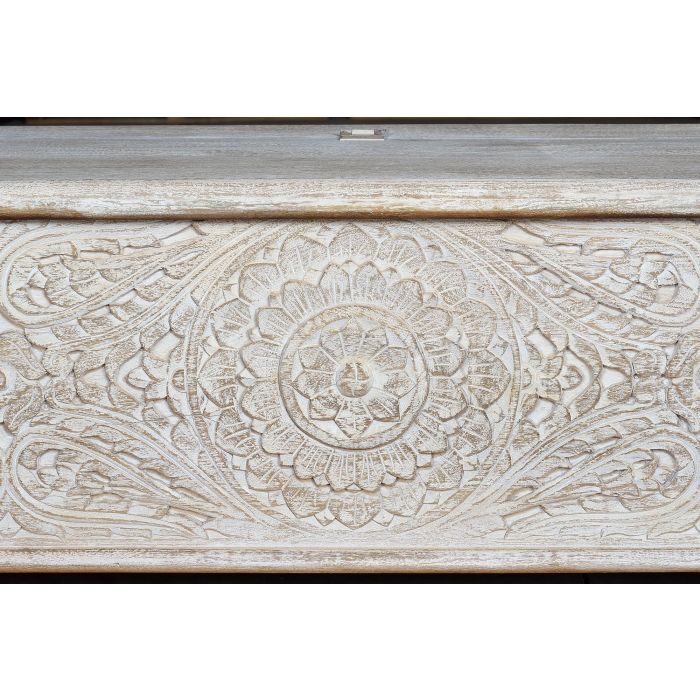 GINER Y COLOMER Baûl coffre de rangement en bois de manguier massif, finition blanc vieilli avec détails en bronze, 150 x 60 x 50 cm 3