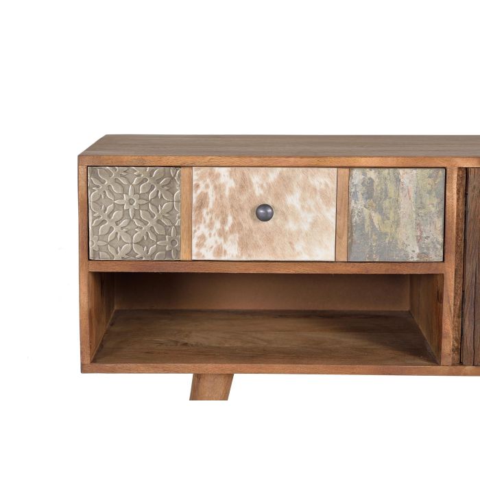 GINER Y COLOMER Meuble TV 160x50x40 cm en bois de mamelonnier couleur noyer clair avec 3 tiroirs et 2 portes, finitions bronze et cuir - 35 kg 2