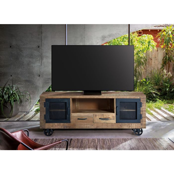 GINER Y COLOMER Meuble TV industriel en bois de manguier et métal, couleur naturel - 150 x 60 x 38 cm, structure en bois massif avec portes métal, finition artisanale 7