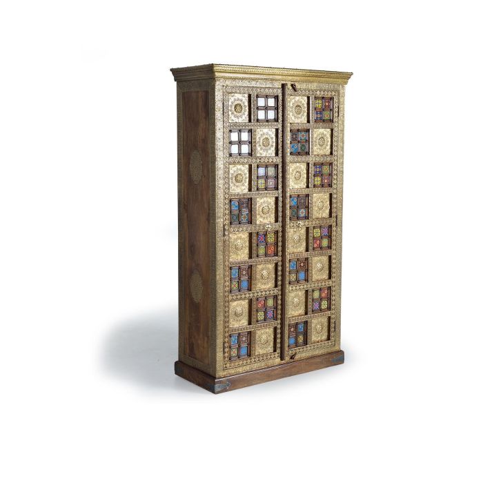 GINER Y COLOMER Dora2 - Armoire 2 portes en acacia style ethnique avec applications d'azulejos et bronze repoussé - 180 x 100 x 45 cm - Couleur cerise 1 GINER Y COLOMER Dora2 - Armoire 2 portes en acacia style ethnique avec applications d'azulejos et bronze repoussé - 180 x 100 x 45 cm - Couleur cerise 1