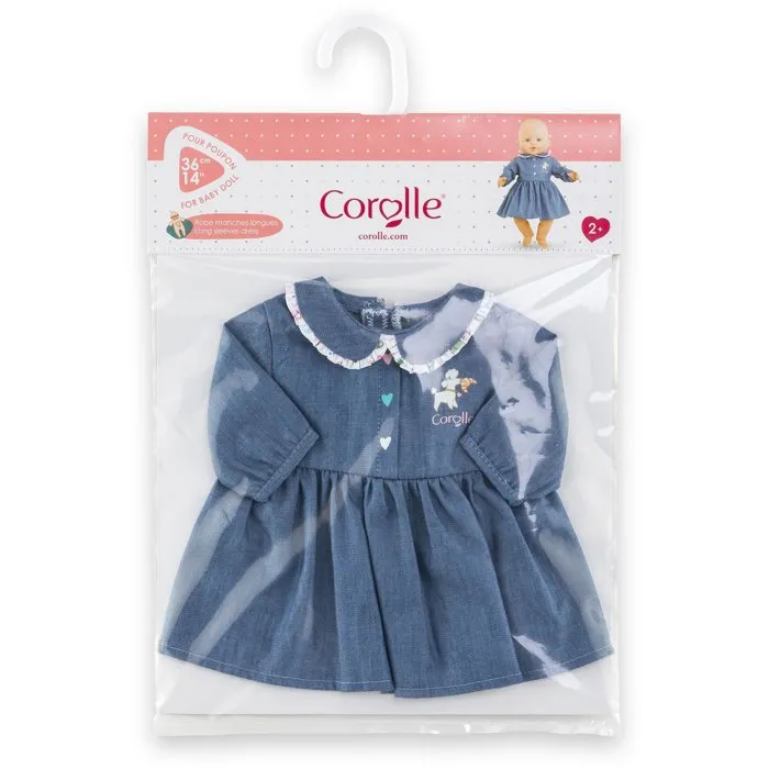 Corolle Robe poupée 36 cm imitation denim bleue avec col claudine et sérigraphie petit chien pour poupon, idéale dès 2 ans Corolle Robe poupée 36 cm imitation denim bleue avec col claudine et sérigraphie petit chien pour poupon, idéale dès 2 ans