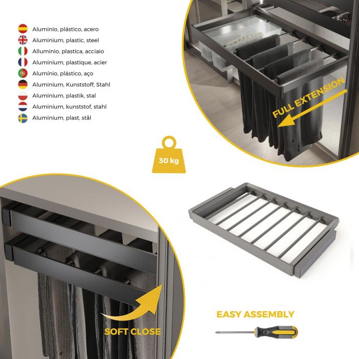 Emuca Kit de porte-pantalon à 7tringles et rack ajustable Quartz pour armoires, glissières extension totale et à fermeture douce, Module 80cm, Finition Titane 6