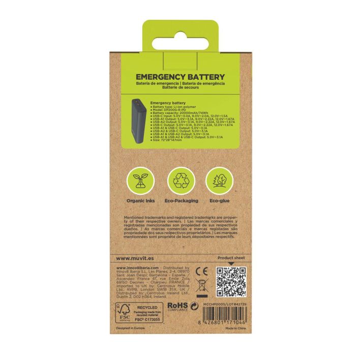 Powerbank Muvit for Change DP200G-R-PD Noir 20 W 3